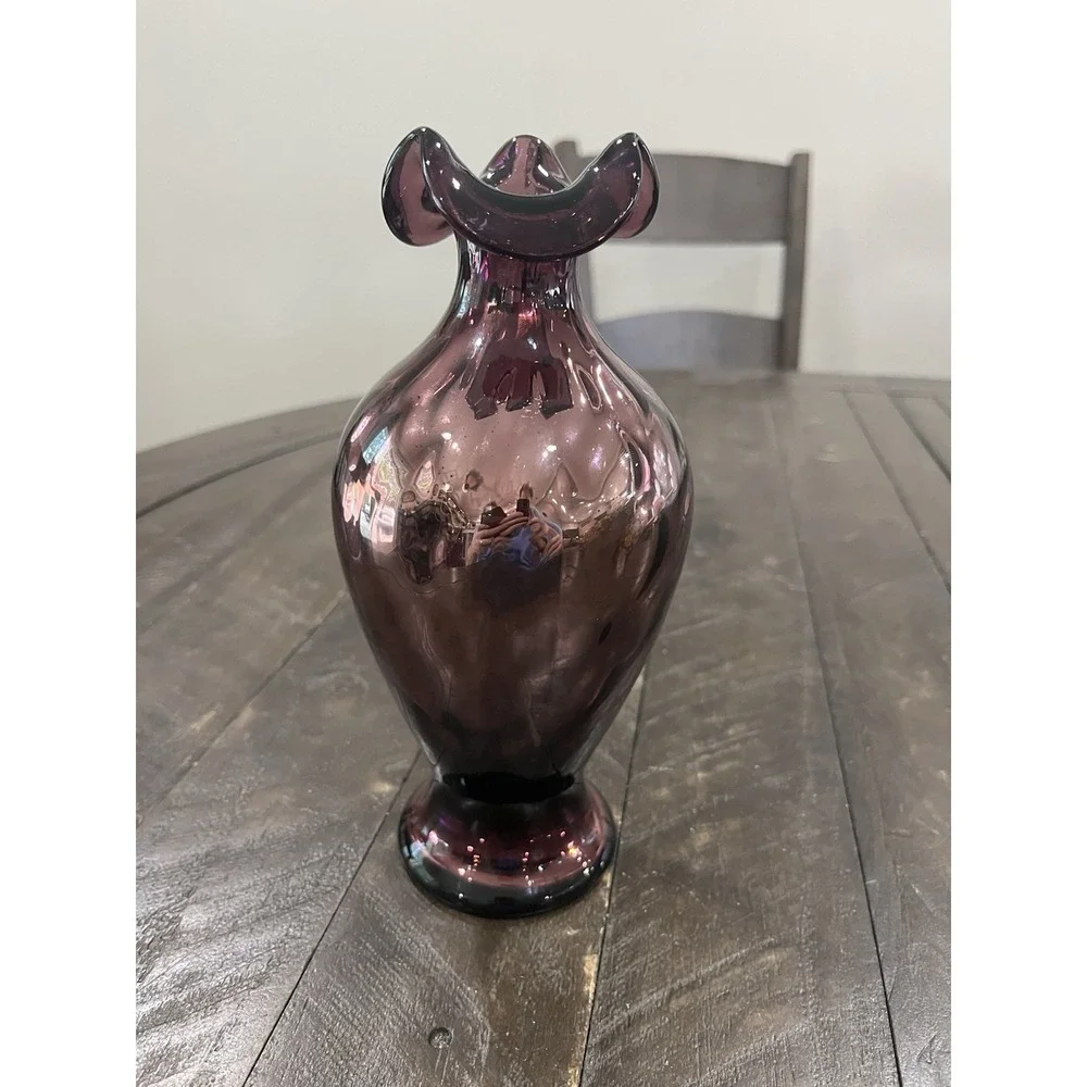 Fenton‎ Glass Aubergine Amethyst Iridescent Diamond Optic Vase Purple